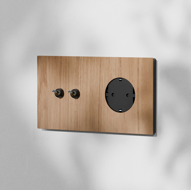 Conmutador y Cruce + Schuko (roble) 1 MODU X2. ROBLE INTERRUPTOR Y CRUCE NEGRO + SCHUKO