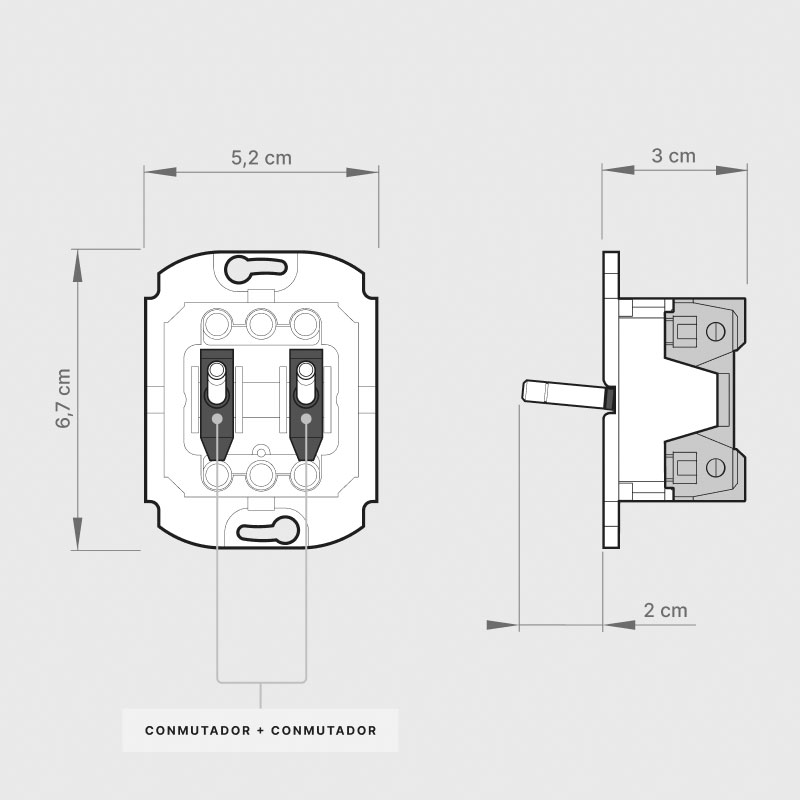 Pack Conmutador x2 | Latón · Aluminio · Negro 6 dimensiones Pack Interruptor Conmutador Doble