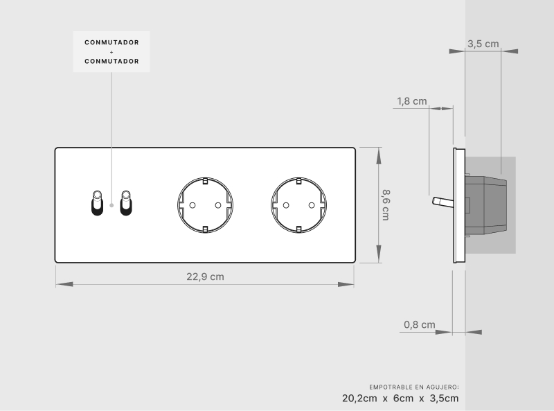 Conmutador x2 + Schuko x2 | Marco triple | Betón 3 Conmutador x2 + Schuko x2 | Marco triple | Betón